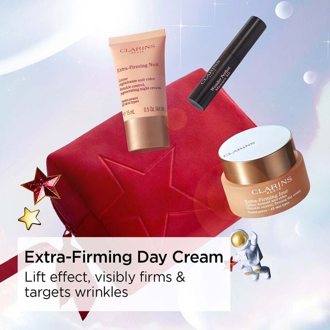 Photoshoot of Clarins Extra Firming Holiday Season Gift Set: Day & Night Creams for wrinkle control and anti-ageing benefits.