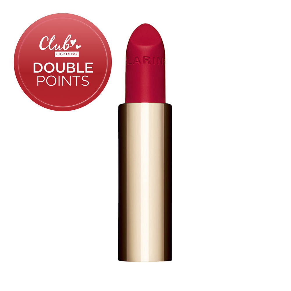 Packshot of the refillable red lipstick Joli Rouge in Shade 742V by Clarins, highlighting its sustainable and elegant design