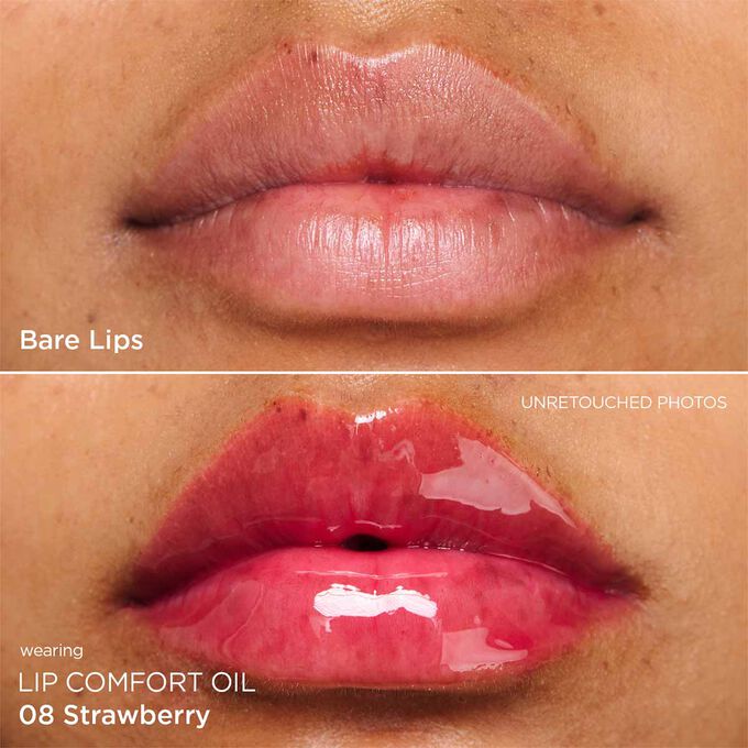 Before and after close-up of a woman’s lips, showing the results after applying the dark pink tone lip oil.