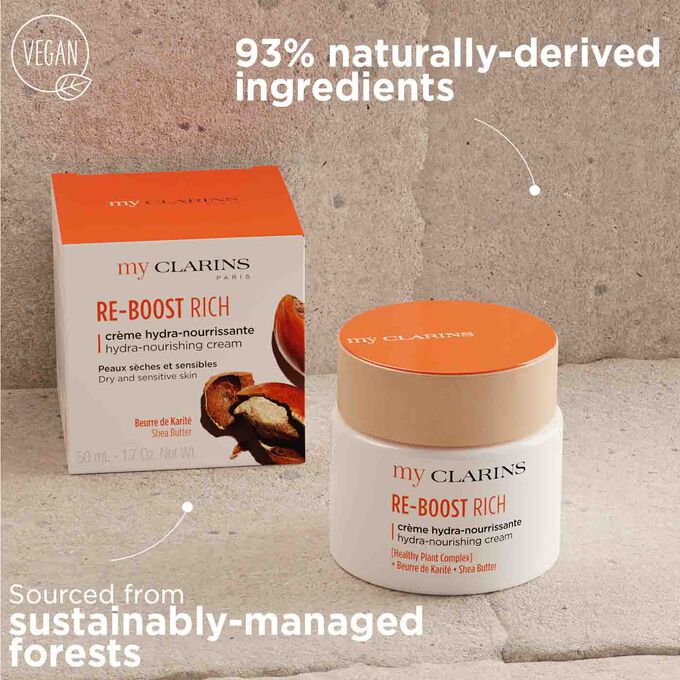 My Clarins Re-Boost Rich made from 93% naturally-derived ingredients with packaging sourced from sustainably-managed forests