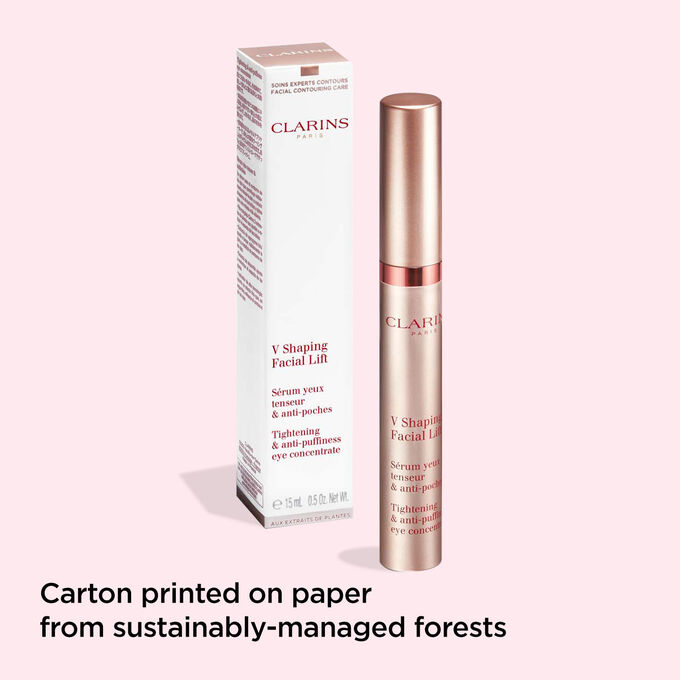 Clarins V Shaping Facial Lift Eye contour gel and its packaging to illustrate the recyclable origin of the packaging.