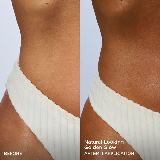 Before and after of a woman&rsquo;s body, showing a natural golden glow after one application of Clarins Body Self-Tan Lotion.
