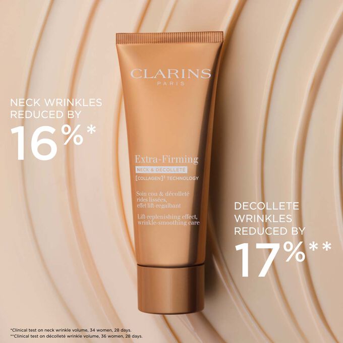 Packshot of Firming Neck & D&eacute;collet&eacute; Care on textured background, highlighting its wrinkle-reducing effect on the neck area.