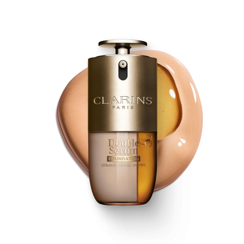 Packshot of Clarins Double Serum Foundation available for every skin tone, featuring key ingredients turmeric and papain 