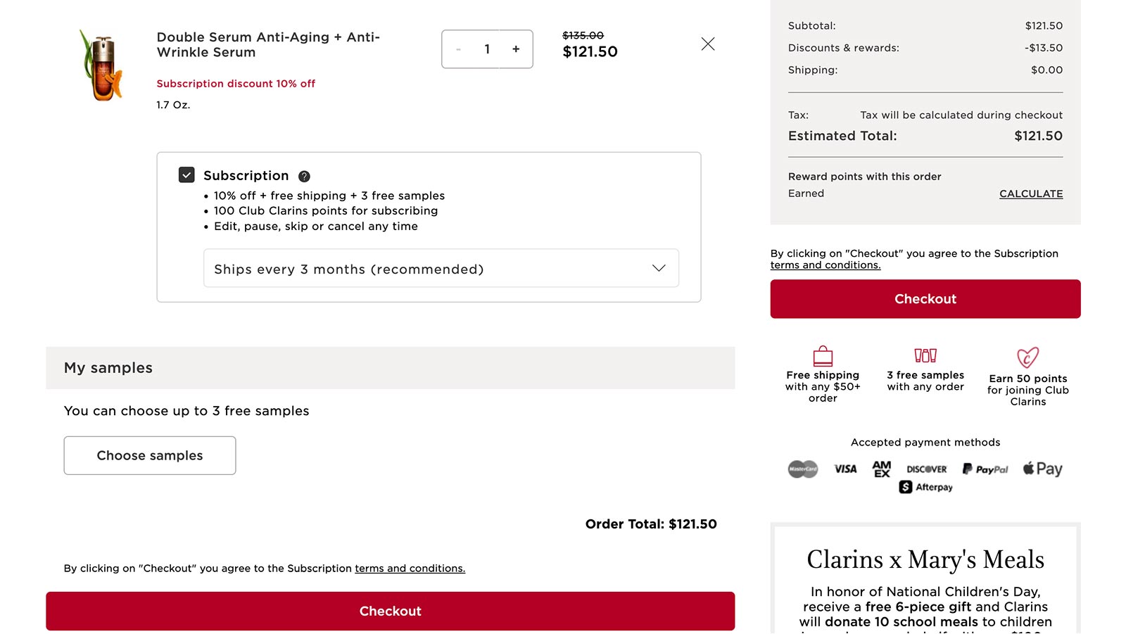 Subscription summary in the cart page