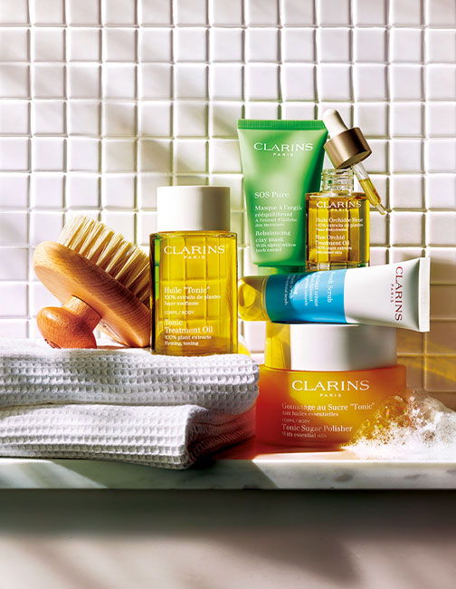 Clarins beauty products in a bathroom