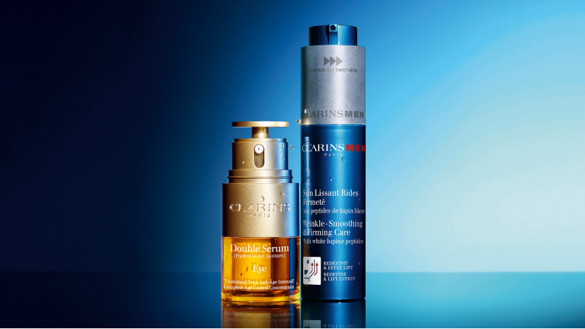 Visual of the Double Serum Eye and the new Clarins Men Wrinkle-Smoothing & Firming Care Visual of the Double Serum Eye and the new Clarins Men Wrinkle-Smoothing & Firming Care